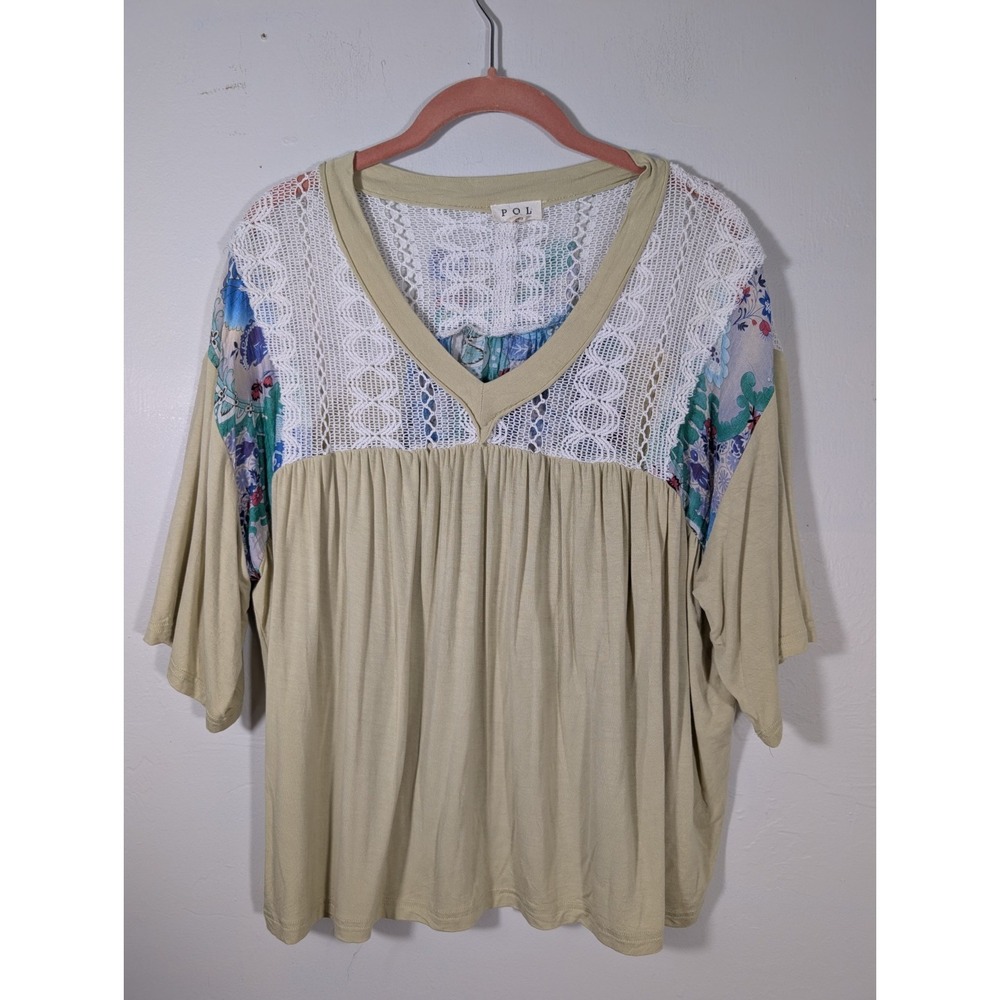 POL Women's Oversized Patchwork Shirt Green Floral Lace Medium